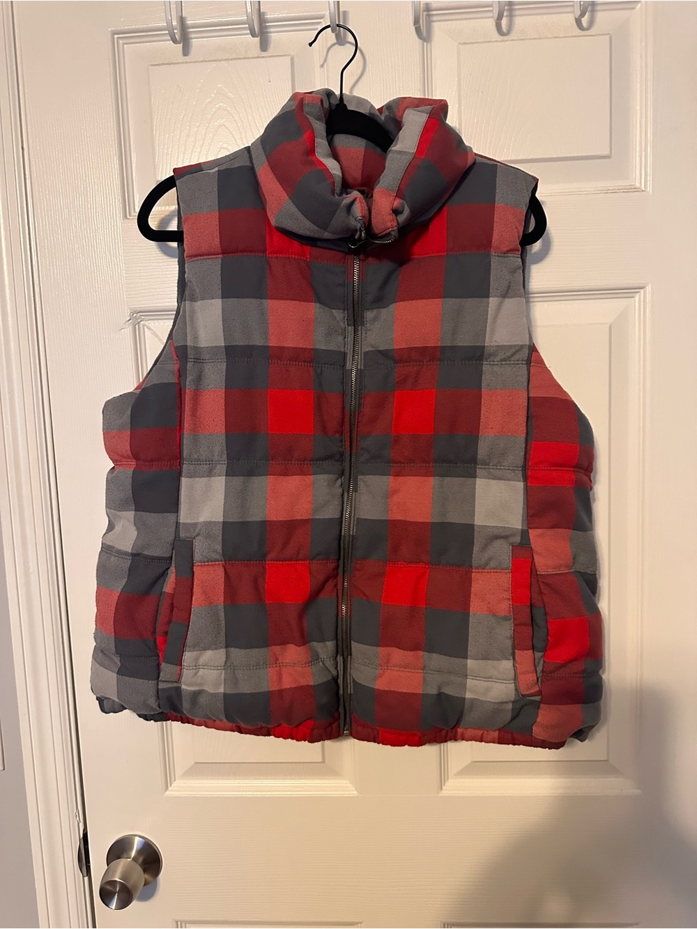 Old Navy Red and Gray Plaid Quilted Fleece-Lined Vest